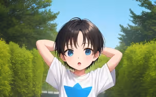 两个小男孩在公园里一头雾水看着自己变成大姐姐