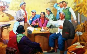 七十年代油画：下乡知识青年向母校报喜，女社员锤削石头挥汗如雨