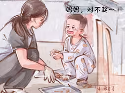 孩子帮忙不小心弄掉顾客的烧烤，自责地哭了，顾客很暖心地说没事，妈妈也安慰孩子说没事，好孩子不哭，你已经很棒了