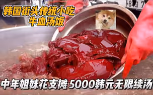 韩国街头的牛血汤饭，中年姐妹花路边摆摊营生，5000韩元无限续汤