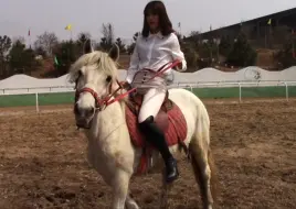 北方小姐姐在马场学骑马，一身白衣骑着一匹漂亮的白马成了骑马场的一道风景线