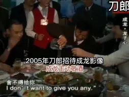 2005年刀郎招待成龙影像，成龙站在椅子上敬酒，众人相谈甚欢