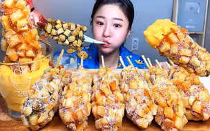 ☆ Cossert ☆（剪说话）韩式砂糖土豆玉米热狗棒（原味、香肠、芝士、炭烤排骨香肠、双重芝士、墨鱼汁口味）蘸芝士酱 食音咀嚼音（新）